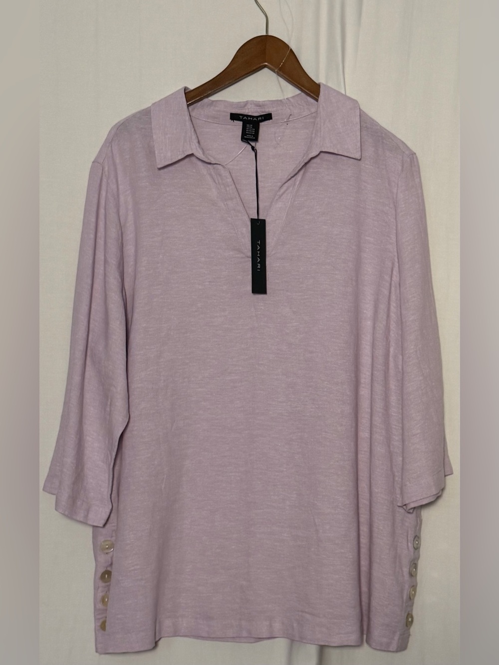 NWT Tahari Linen Blend V Neck Collared Tunic  Top w.3/4 Sleeves- Lavender- Sz 2X